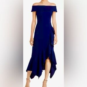 Aqua flattering fit classic gown from Bloomingdales. Rich Navy Off shoulder. 10